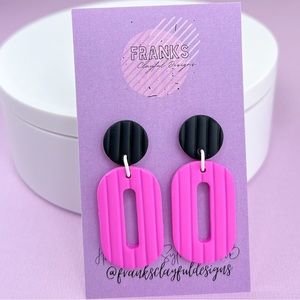 Playful Pink and Black Line Textured Handmade Polymer Clay Dangle Earrin…